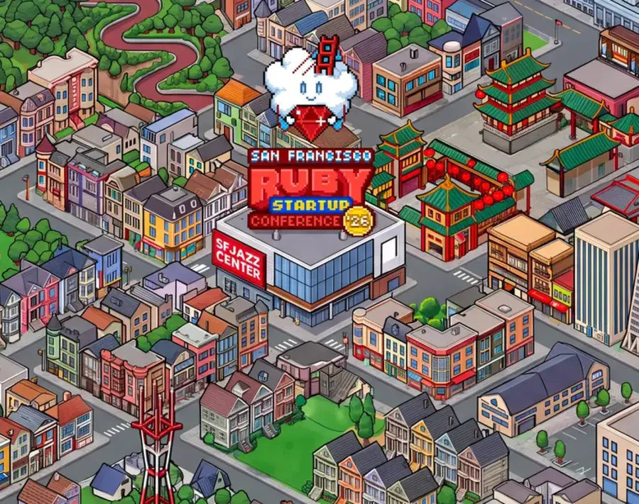 The Pier: an 8-bit San Francisco, with the SFJAZZ Center under the conference sign