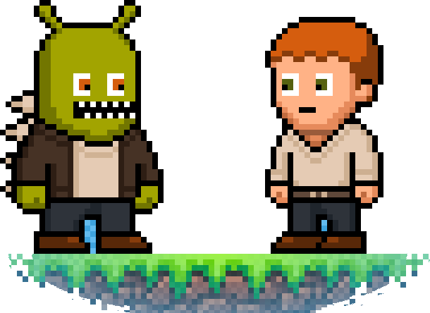 Two pixel characters chatting on a floating island